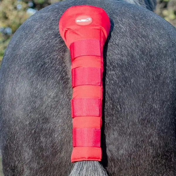 Red swish horse tail guard with elasticated straps and logo patch is a durable horse tail guard red wrap