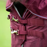 Maroon swish mesh fly rug with silver buckles and reinforced straps featuring a detachable neck cover and large tail flap