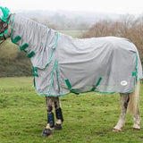 Gray swish mesh fly rug with teal trim and adjustable straps features a detachable neck cover for extra protection