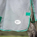 Gray mesh swish mesh fly rug with teal trim and white logo patch featuring a detachable neck cover