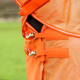 Bright orange mesh fly rug with silver buckles and reinforced straps perfect for summer horse protection