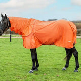 Bright orange mesh fly rug with reflective trim and large tail flap for horse protection against flies