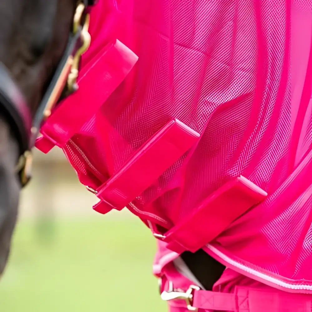 Bright pink mesh fly rug with adjustable velcro straps and detachable neck cover for horse protection