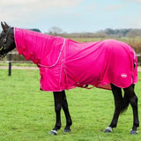 Bright pink mesh fly rug with white trim and adjustable straps featuring a large tail flap and detachable neck cover
