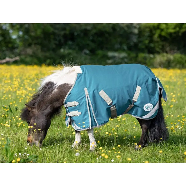 Swish MINI 0g turnout rug in turquoise with white trim, silver buckles, reflective strips, and cross surcingles