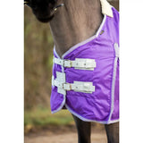 Purple quilted swish mini 100g stable rug with white trim and silver buckles featuring cross surcingles