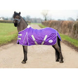 Purple swish mini 100g stable rug with quilted design silver reflective cross surcingles and white logo patch