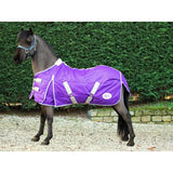 Purple swish mini 100g stable quilted horse blanket with white trim silver buckles and cross surcingles