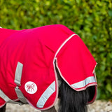 Bright red swish mini 200g turnout rug with reflective strips and white circular logo for horses
