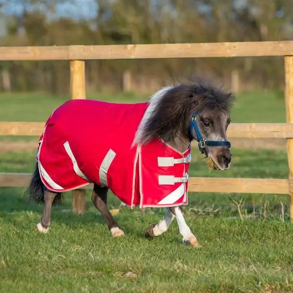 Red swish mini 200g turnout rug with reflective strips and silver buckles for warmth and visibility