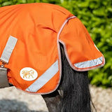 Bright orange swish mini 50g turnout rug with reflective strips white logo and cross surcingles for safety and comfort