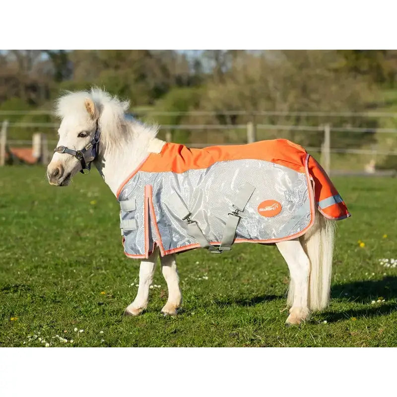 Orange and silver reflective swish mini fly turnout combination rug with adjustable straps and logo patch