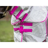 A silver nylon fly cool horse fly veil with vibrant pink straps and metal buckles and detachable neck cover