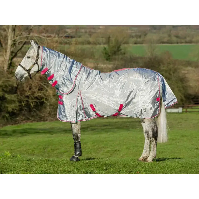 Silver reflective swish nylon fly cool rug with pink trim, detachable neck cover, and adjustable straps in grey mulberry