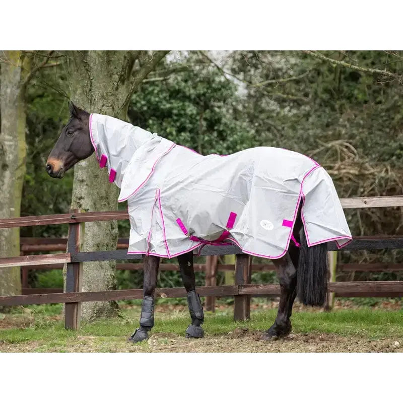 A white nylon fly cool horse blanket with pink trim, reflective straps, detachable neck cover, and large tail flap