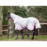 A white nylon fly cool horse blanket with pink trim, reflective straps, detachable neck cover, and large tail flap