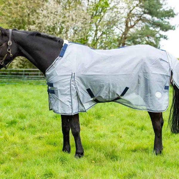 Gray nylon fly cool horse blanket with navy trim large tail flap and reflective patches for waterproof use