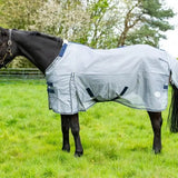 Gray nylon fly cool horse blanket with navy trim large tail flap and reflective patches for waterproof use