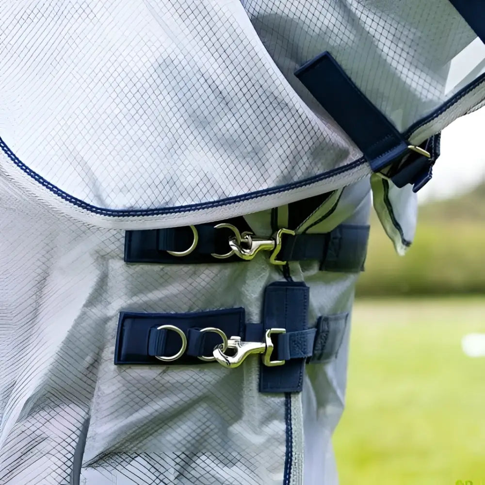 Light gray mesh nylon fly cool horse rug with navy straps silver buckles detachable neck cover and large tail flap