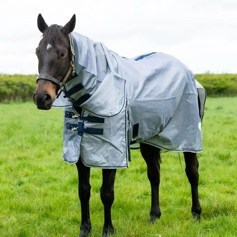 Silver gray swish nylon fly cool rug with navy straps and large tail flap for insect and weather protection