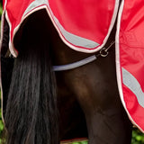 Red horse blanket with reflective silver stripes and white trim paired with coated fillet string and stainless steel clips
