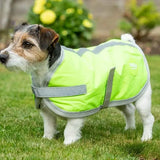 Bright lime green waterproof dog coat with reflective strips and velcro chest straps for high visibility