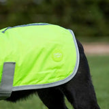 Bright neon green waterproof dog coat with reflective strips gray trim velcro chest and circular swish logo patch