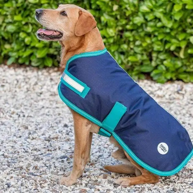 Navy swish waterproof dog coat with teal reflective straps and velcro chest for extra visibility on rainy walks