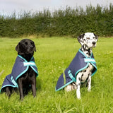 Navy swish waterproof dog coat with teal accents velcro chest and reflective trim for extra visibility