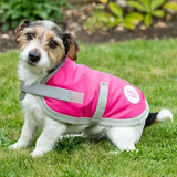 Bright pink swish waterproof dog coat raspberry with reflective gray straps and velcro chest shown from back side