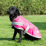 Swish waterproof dog coat raspberry in vibrant pink with reflective stripes and velcro chest for outdoor use