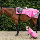 Pink waterproof exercise sheet and dog riding coat set with luxury fleece lining and reflective strips for high vis use