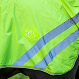 Bright lime green waterproof exercise sheet with blue reflective strips and luxury fleece lining featuring scottish horse logo
