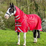Bright red swish wide fit 50g detachable neck turnout rug with reflective stripes and adjustable straps including tail flap