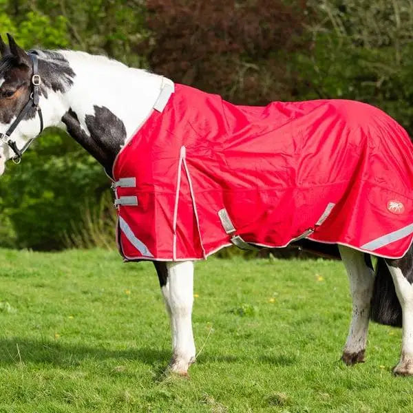 Bright red swish wide fit 50g detachable neck turnout rug with reflective stripes tail flap and adjustable straps