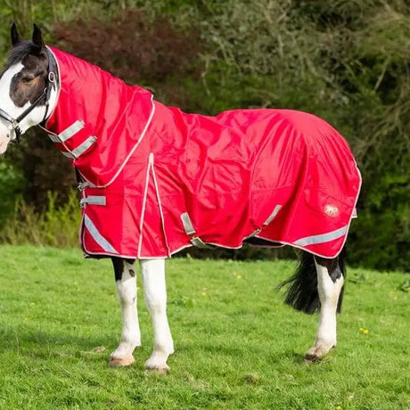 Bright red swish wide fit 50g detachable neck turnout rug with reflective stripes adjustable straps and tail flap