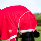 Bright red wide fit 50g detachable neck turnout rug with white trim reflective stripes and tail flap visible from the side