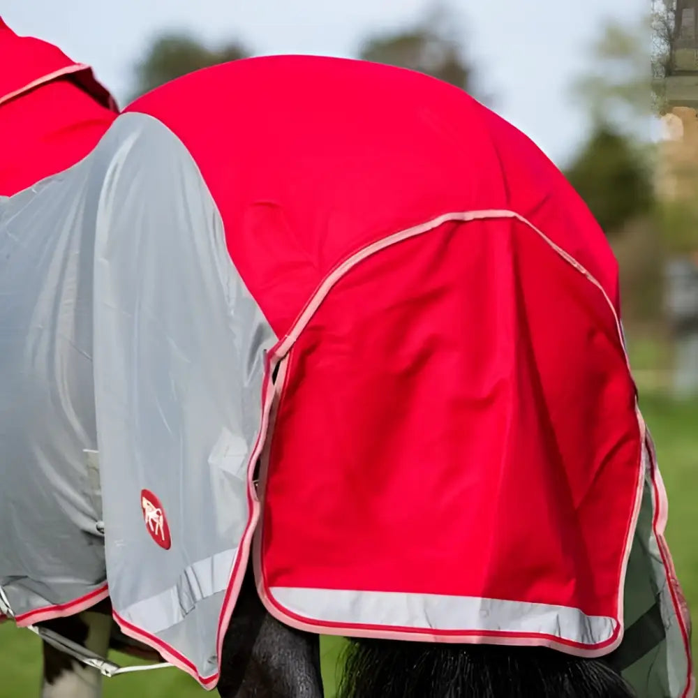 Red and gray swish wide fit fly turnout combination rug with reflective trim and detachable neck cover in mesh material