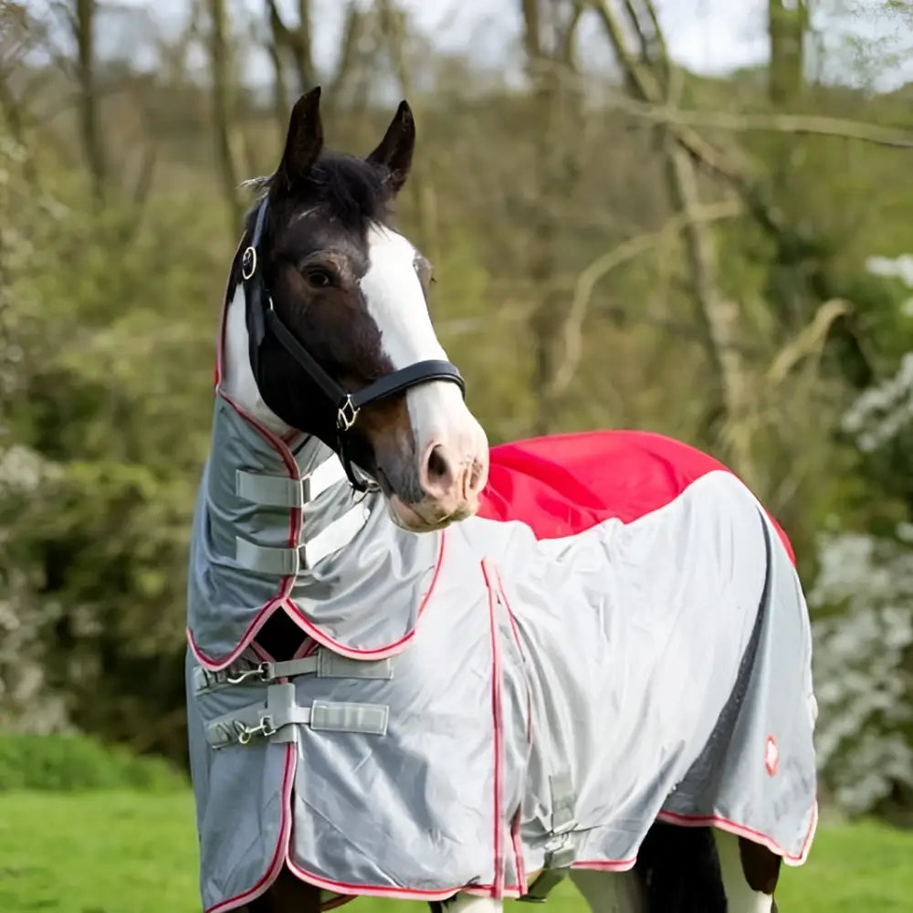Gray and red fly turnout combination rug with pink trim and detachable neck cover for wide fit horses