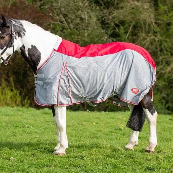 Gray and red mesh fly turnout combination rug with subtle textured weave and reinforced stitching edges