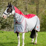 Red and gray fly turnout combination rug with pink trim and detachable neck cover for wide fit horses