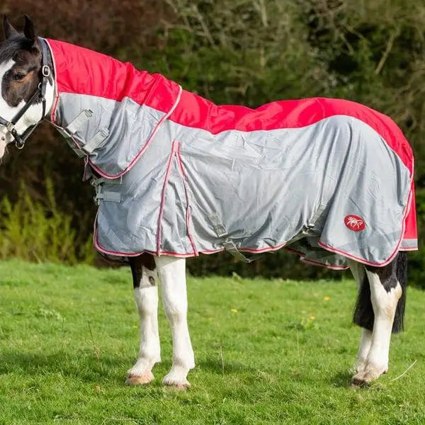 Red and gray swish wide fit fly turnout combination rug with pink trim and small red logo on side made of mesh