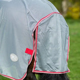 Gray mesh wide fit mesh fly rug with red trim detachable neck cover and large tail flap by swish