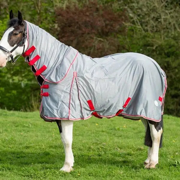Gray wide fit mesh fly rug with red trim, adjustable straps, large tail flap, and detachable neck cover