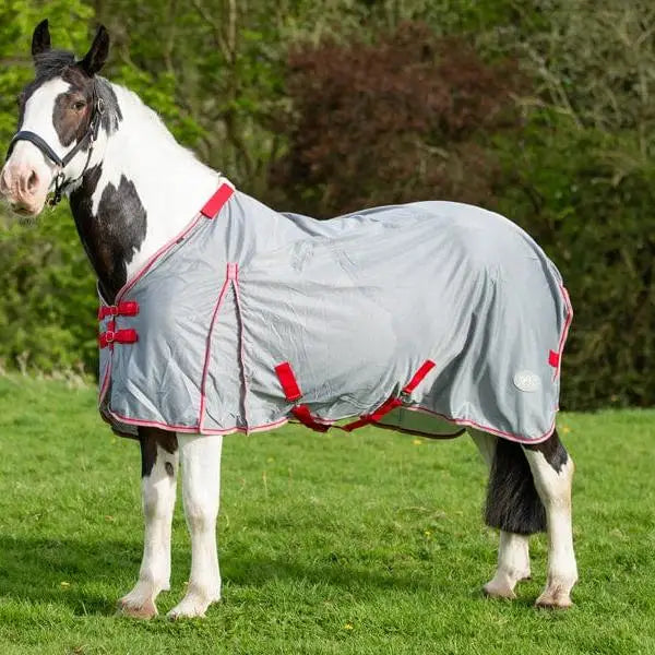 Gray swish wide fit mesh fly rug with red trim, detachable neck cover, and large tail flap for horses