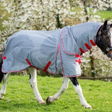 Gray wide fit mesh fly rug with red trim, adjustable straps, large tail flap, and detachable neck cover
