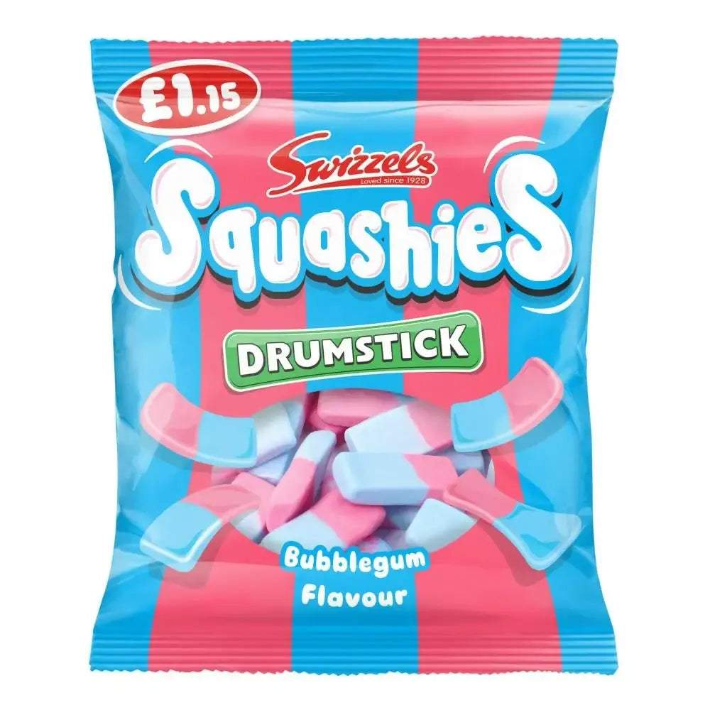 A vibrant pink and blue striped swizzels squashes drumst bubblegum bag with pastel gum sweets in glossy plastic packaging