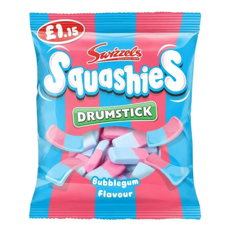 A vibrant pink and blue striped swizzels squashes drumst bubblegum bag with pastel gum sweets in glossy plastic packaging
