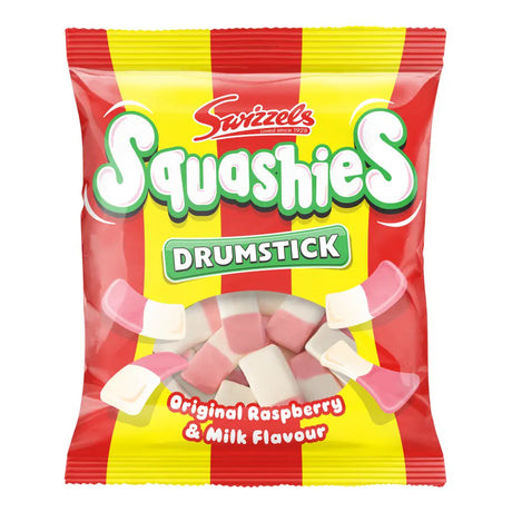 A vibrant red and yellow striped bag of swizzels squashies drumsticks 120g with pink and white marshmallow treats