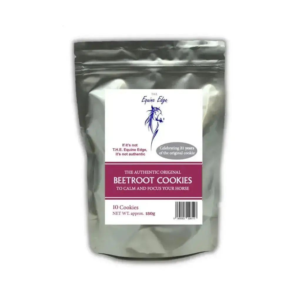 A silver foil pouch of the equine edge calmer edge calmer cookies with horse silhouette for horse additional stress